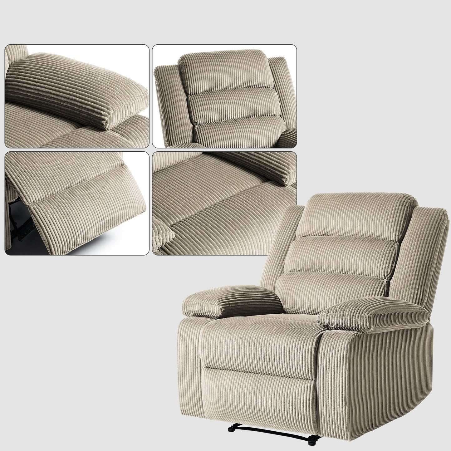 Fauteuil inclinable manuel moderne en velours côtelé, fauteuil inclinable réglable avec larges accoudoirs