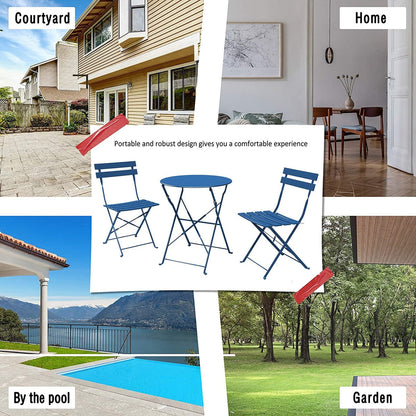 Ensemble bistro pliable en métal 3 pièces, résistant aux intempéries, idéal pour l'intérieur et l'extérieur, avec terrasse, jardin ou cour.