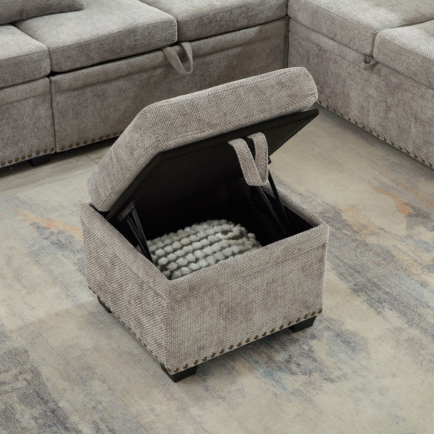 Canapé d'angle moderne en chenille d'angle avec canapé-lit gigogne, sièges de rangement, pouf et 2 coussins pour salon