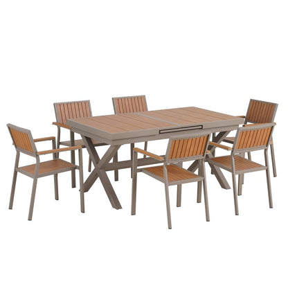Ensemble de salle à manger d'extérieur moderne 7 pièces avec six chaises et une table extensible pour terrasse