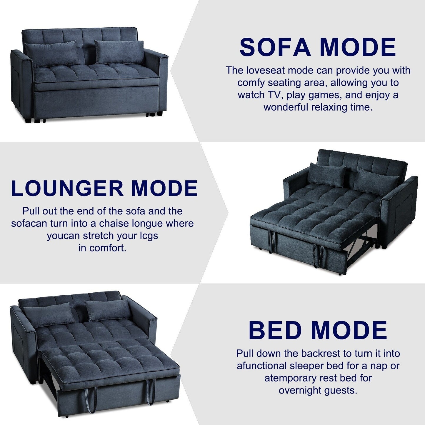 Canapé-lit gigogne moderne, canapé-lit 3 en 1 avec dossier réglable, causeuse en velours, coussins et poches latérales