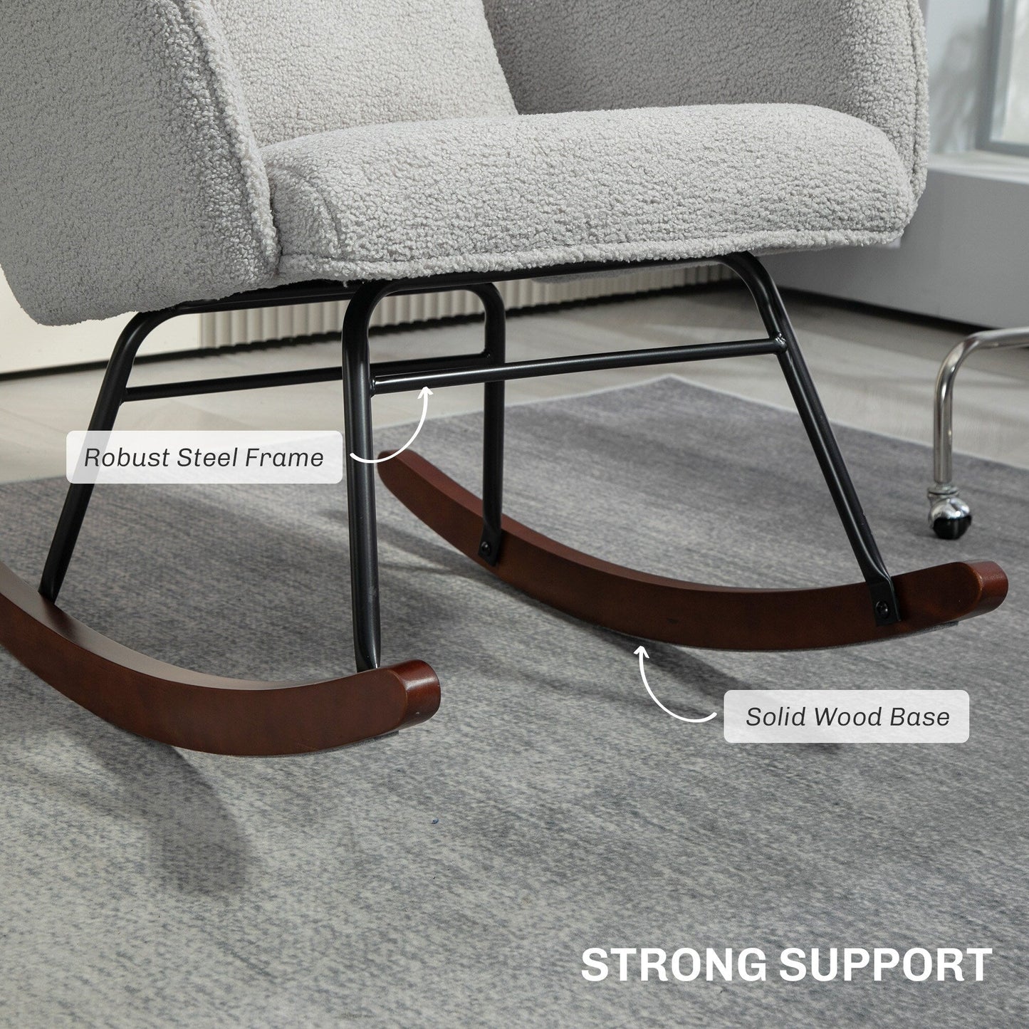 Fauteuil berçant moderne rembourré pour chambre d'enfant, avec dossier haut, appui-tête et coussin lombaire, idéal pour le salon ou la chambre à coucher.