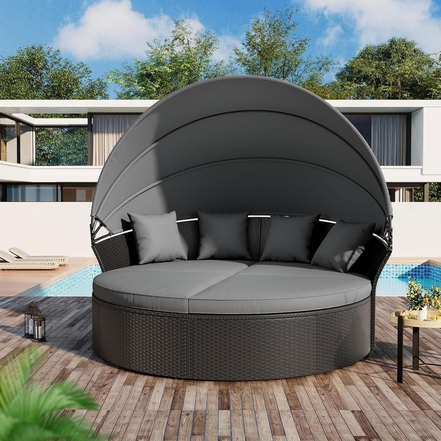 Ensemble de conversation extérieur Nuon 4/5 pièces, lit de jour en osier avec auvent, par Havenside Home