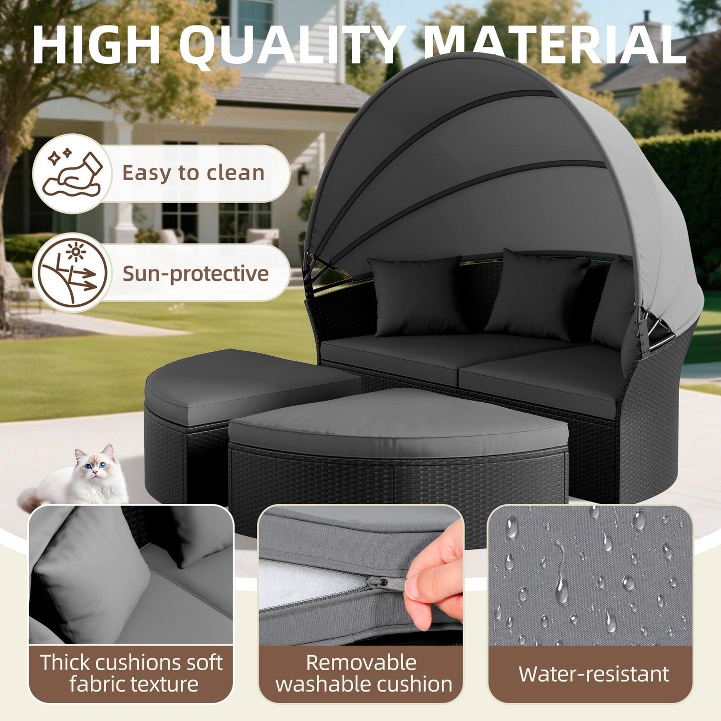 Ensemble canapé d'angle rond Nuon 4 pièces en résine tressée noire avec auvent rétractable par Havenside Home