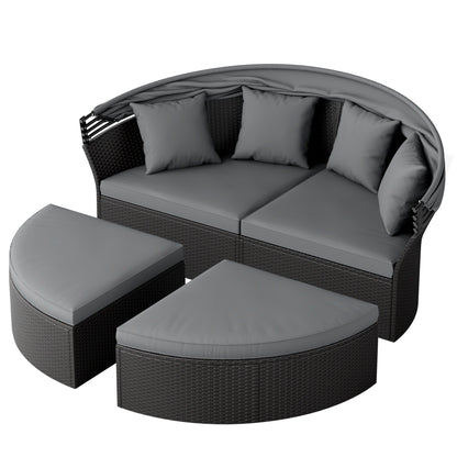 Ensemble canapé d'angle rond Nuon 4 pièces en résine tressée noire avec auvent rétractable par Havenside Home