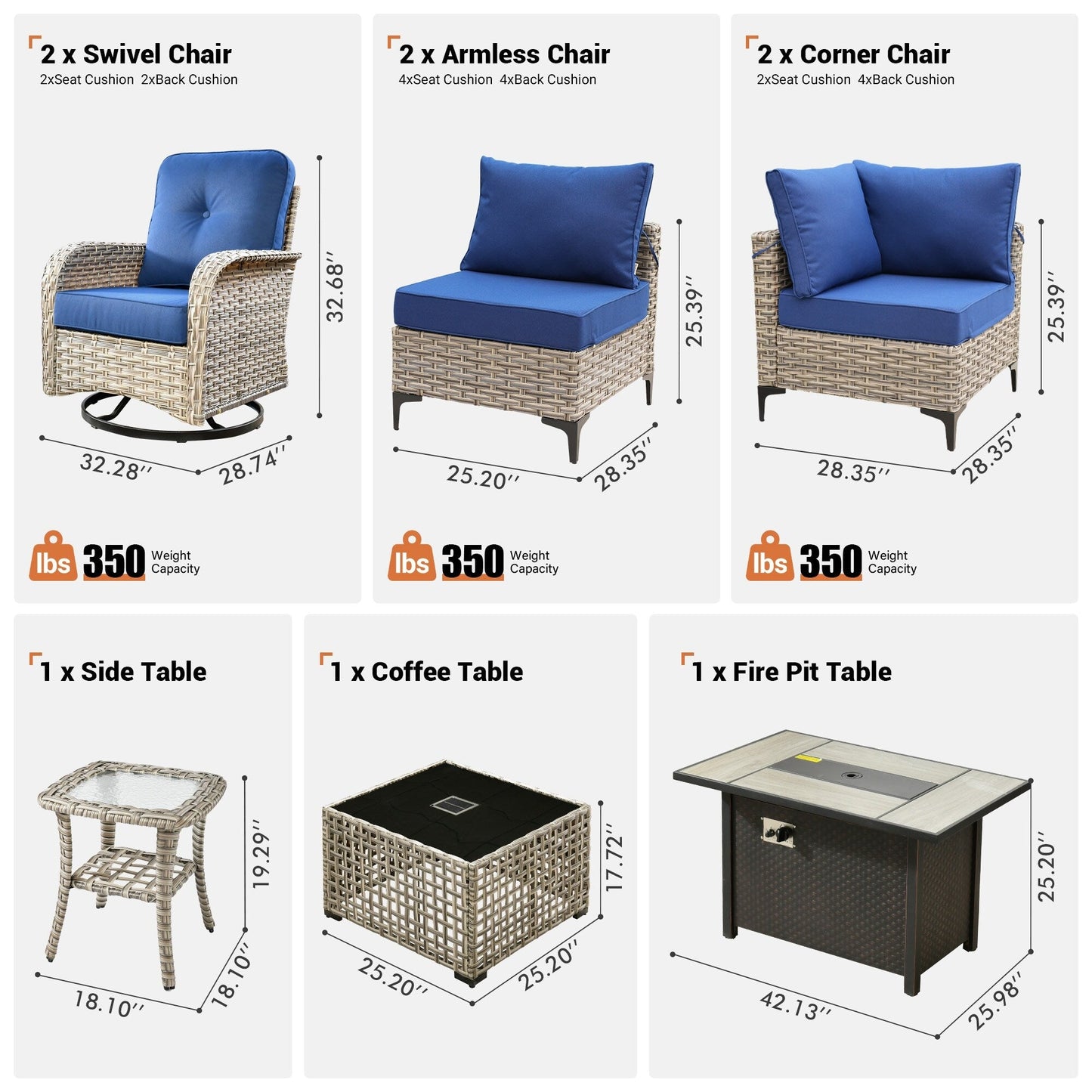 Ensemble de 9 chaises pivotantes d'extérieur en résine tressée OVIOS avec table de feu