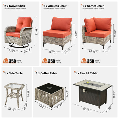 Ensemble de 9 chaises pivotantes d'extérieur en résine tressée OVIOS avec table de feu