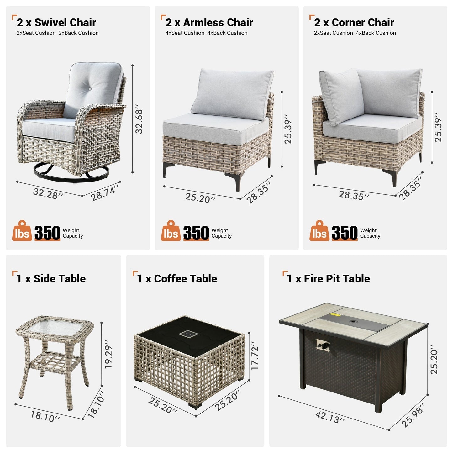 Ensemble de 9 chaises pivotantes d'extérieur en résine tressée OVIOS avec table de feu