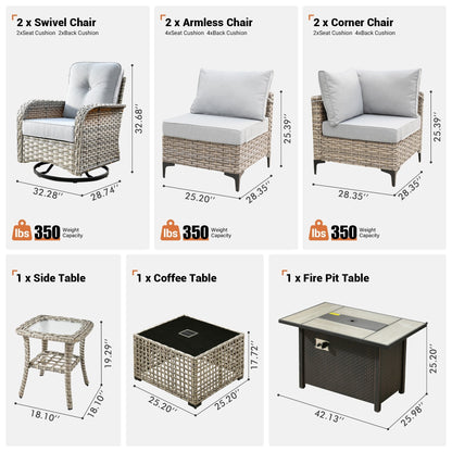 Ensemble de 9 chaises pivotantes d'extérieur en résine tressée OVIOS avec table de feu