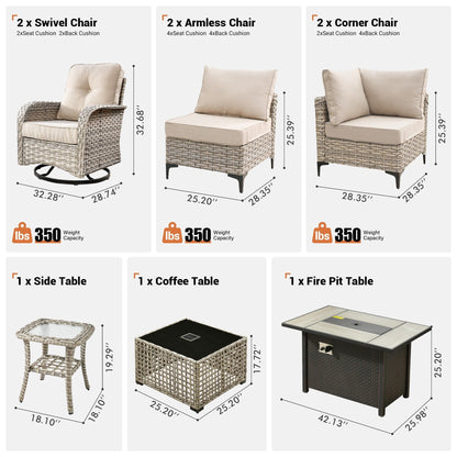 Ensemble de 9 chaises pivotantes d'extérieur en résine tressée OVIOS avec table de feu