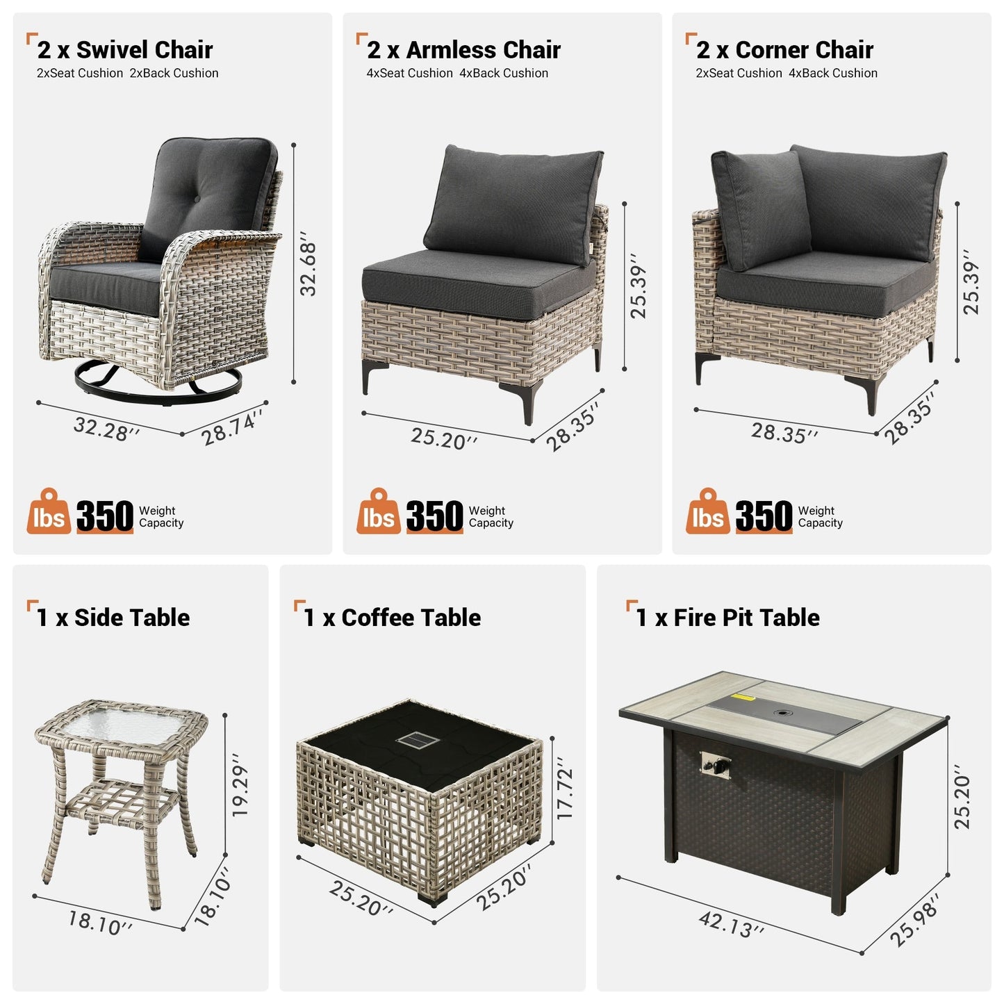 Ensemble de 9 chaises pivotantes d'extérieur en résine tressée OVIOS avec table de feu