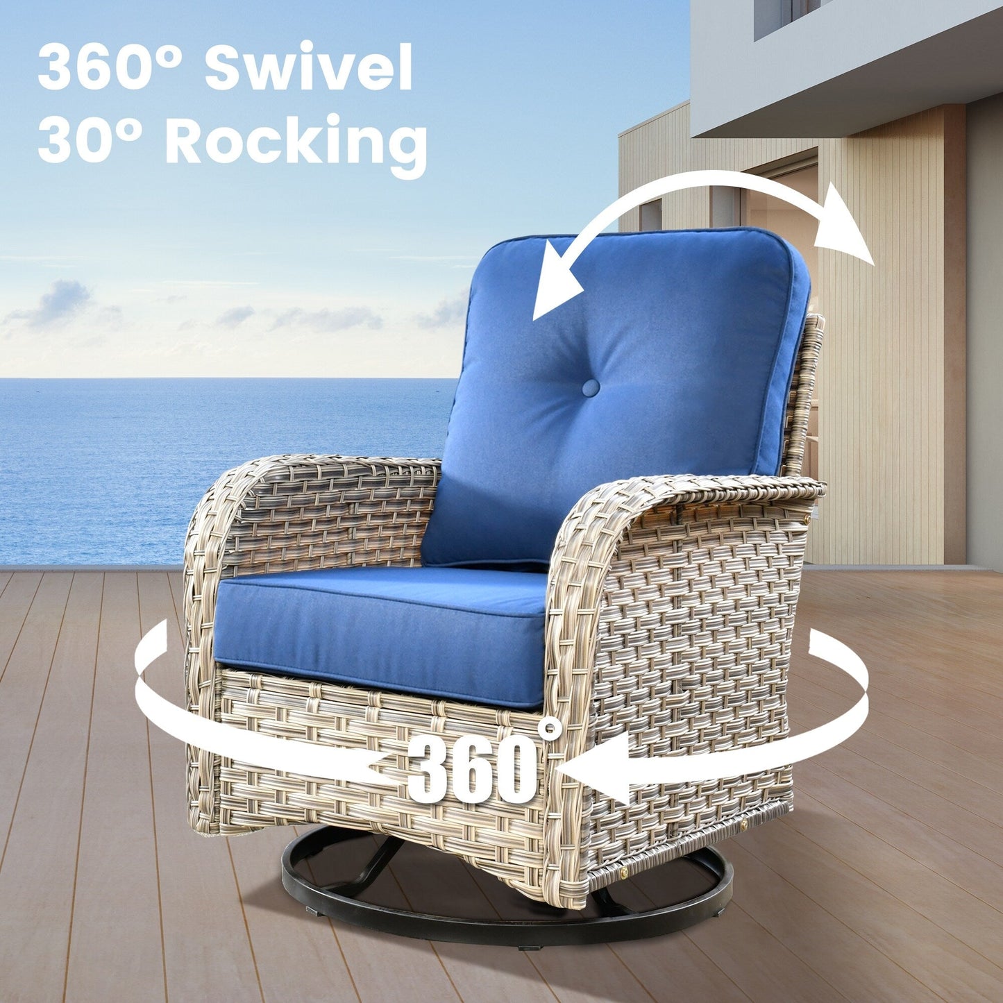 Ensemble de 9 chaises pivotantes d'extérieur en résine tressée OVIOS avec table de feu