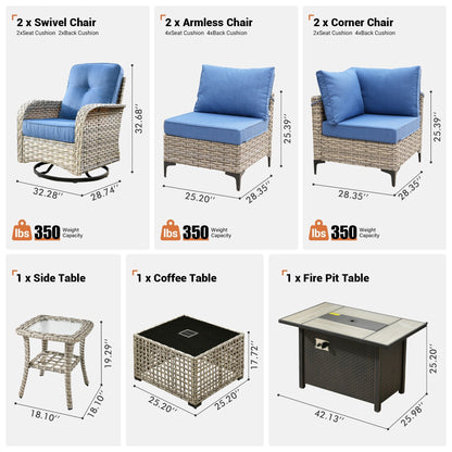 Ensemble de 9 chaises pivotantes d'extérieur en résine tressée OVIOS avec table de feu