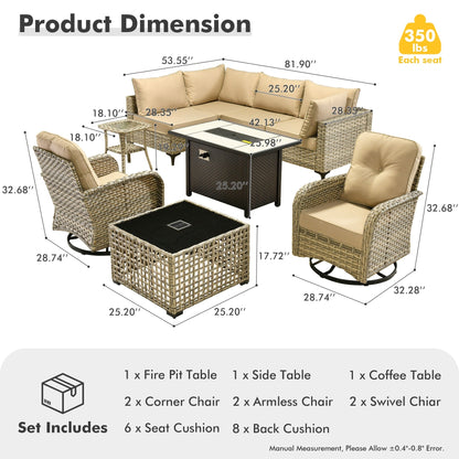 Ensemble de 9 chaises pivotantes d'extérieur en résine tressée OVIOS avec table de feu