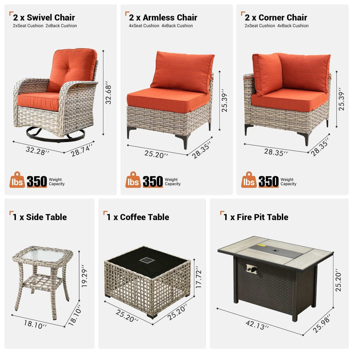 Ensemble de 9 chaises pivotantes d'extérieur en résine tressée OVIOS avec table de feu