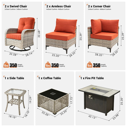 Ensemble de 9 chaises pivotantes d'extérieur en résine tressée OVIOS avec table de feu