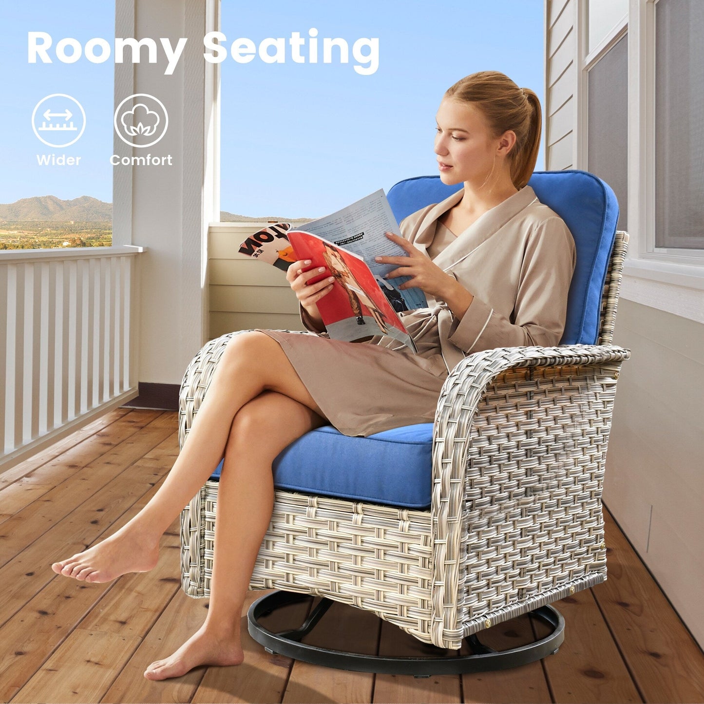 Ensemble de 9 chaises pivotantes d'extérieur en résine tressée OVIOS avec table de feu