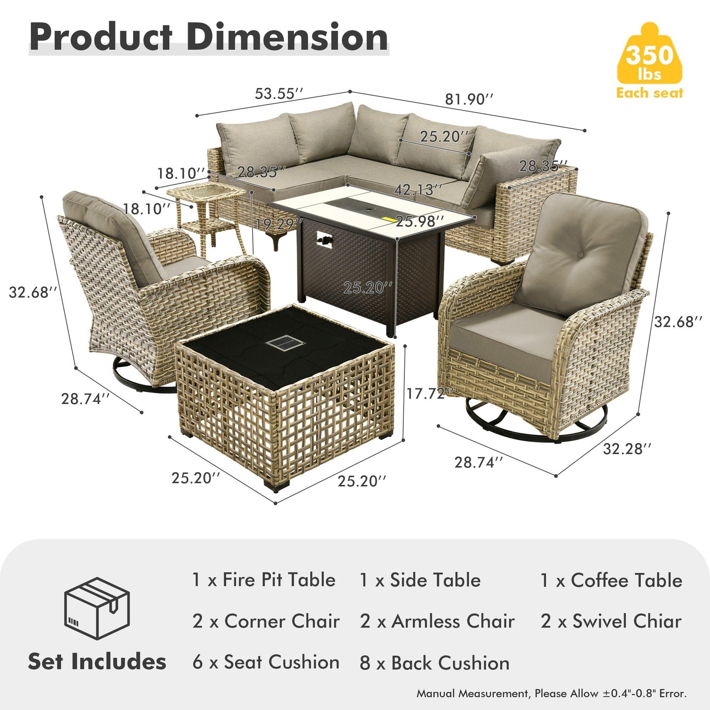 Ensemble de 9 chaises pivotantes d'extérieur en résine tressée OVIOS avec table de feu