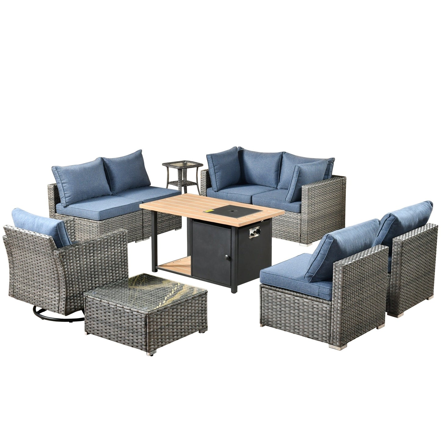 Ensemble de canapé d'angle 11 pièces en résine tressée avec assise profonde, fauteuils pivotants et foyer extérieur OVIOS