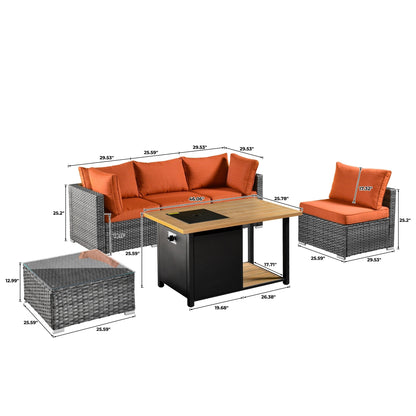 Ensemble de canapé d'angle 11 pièces en résine tressée avec assise profonde, fauteuils pivotants et foyer extérieur OVIOS