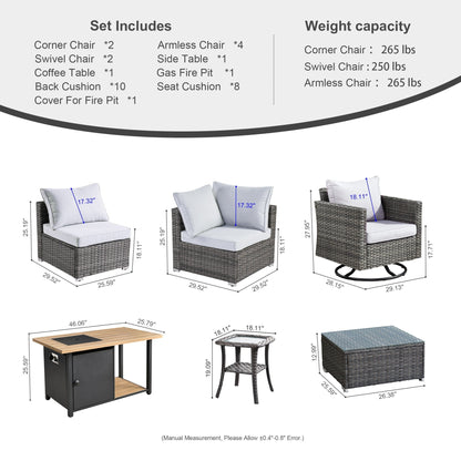 Ensemble de canapé d'angle 11 pièces en résine tressée avec assise profonde, fauteuils pivotants et foyer extérieur OVIOS