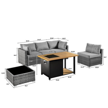 Ensemble de canapé d'angle 11 pièces en résine tressée avec assise profonde, fauteuils pivotants et foyer extérieur OVIOS
