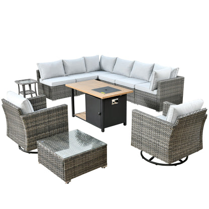 Ensemble de canapé d'angle 11 pièces en résine tressée avec assise profonde, fauteuils pivotants et foyer extérieur OVIOS