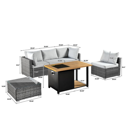 Ensemble de canapé d'angle 11 pièces en résine tressée avec assise profonde, fauteuils pivotants et foyer extérieur OVIOS