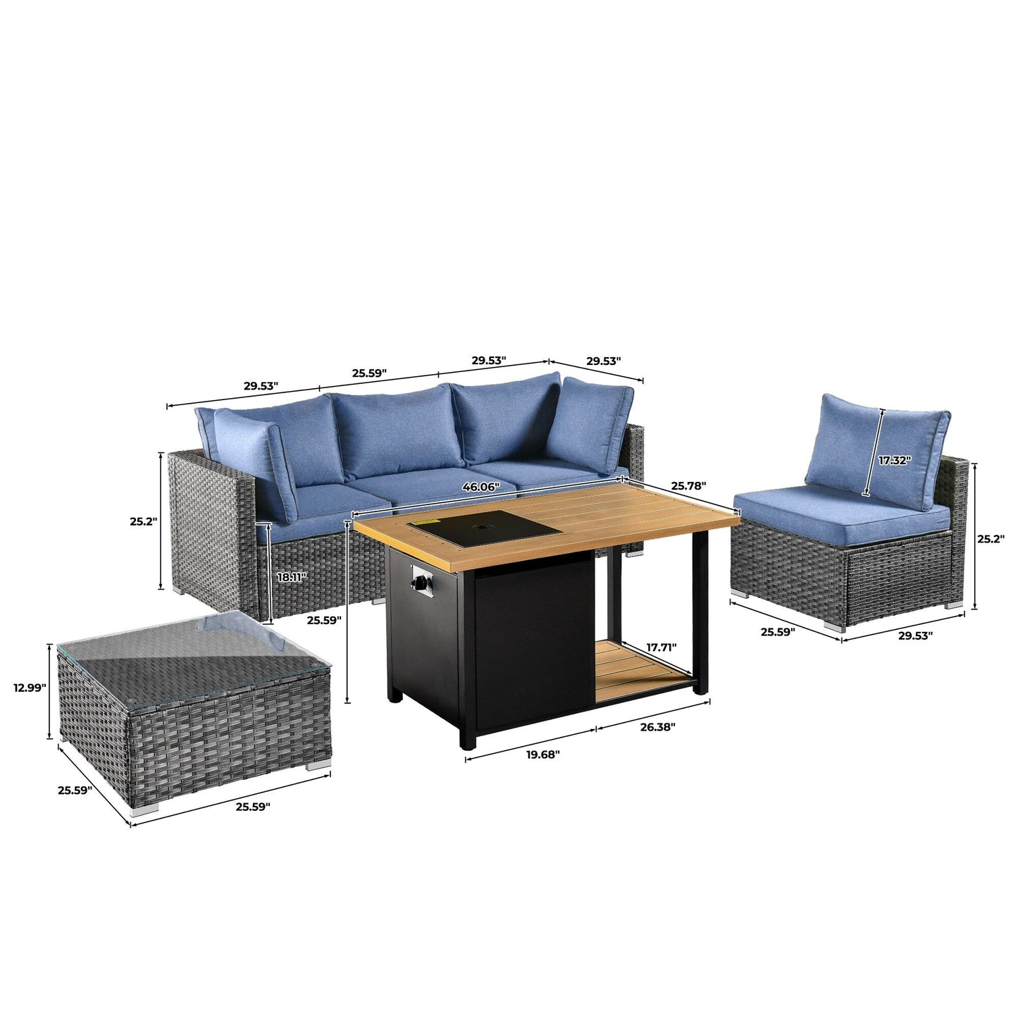 Ensemble de canapé d'angle 11 pièces en résine tressée avec assise profonde, fauteuils pivotants et foyer extérieur OVIOS