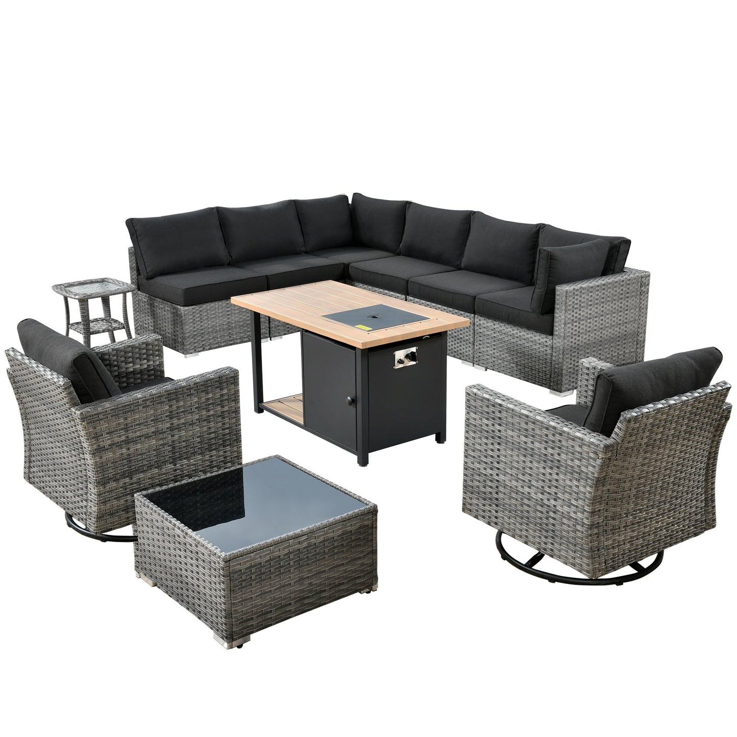 Ensemble de canapé d'angle 11 pièces en résine tressée avec assise profonde, fauteuils pivotants et foyer extérieur OVIOS