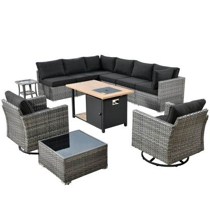 Ensemble de canapé d'angle 11 pièces en résine tressée avec assise profonde, fauteuils pivotants et foyer extérieur OVIOS