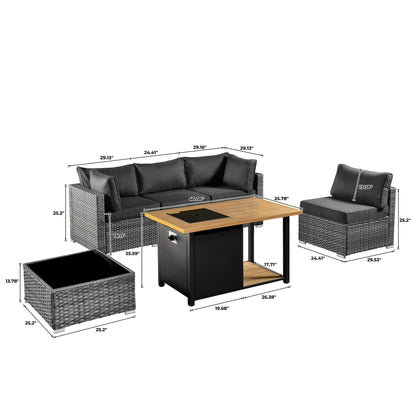 Ensemble de canapé d'angle 11 pièces en résine tressée avec assise profonde, fauteuils pivotants et foyer extérieur OVIOS