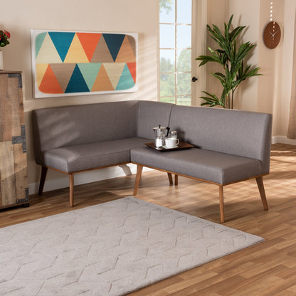Ensemble banquette de coin repas 2 pièces en tissu gris Odessa et bois de noyer