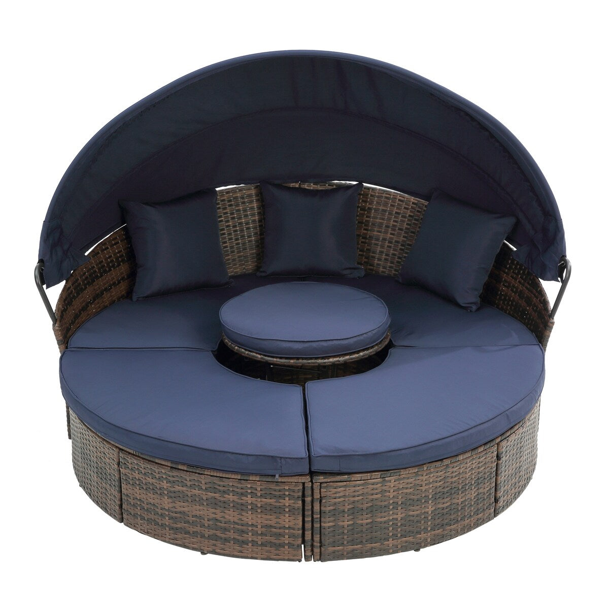 Lit de jour rond en rotin d'extérieur avec auvent et table basse relevable, canapé-lit bleu marine à assise profonde avec oreillers et coussins lavables