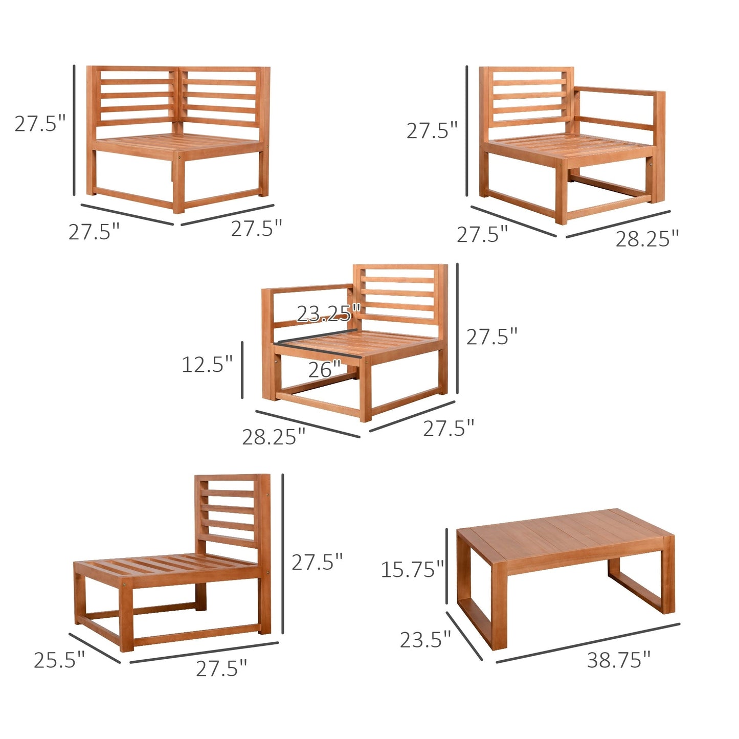 Ensemble de mobilier de patio Outsunny 5 pièces en forme de L, canapé d'angle extérieur en bois, gris