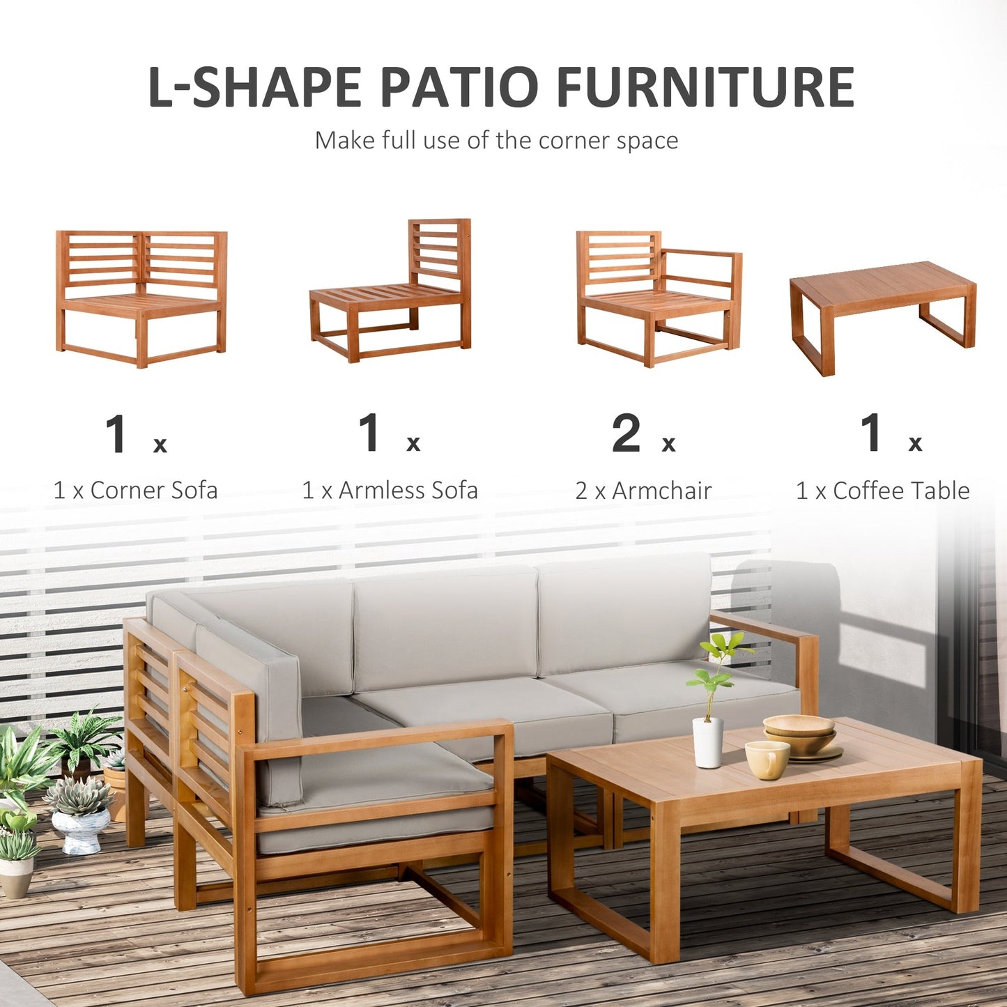 Ensemble de mobilier de patio Outsunny 5 pièces en forme de L, canapé d'angle extérieur en bois, gris