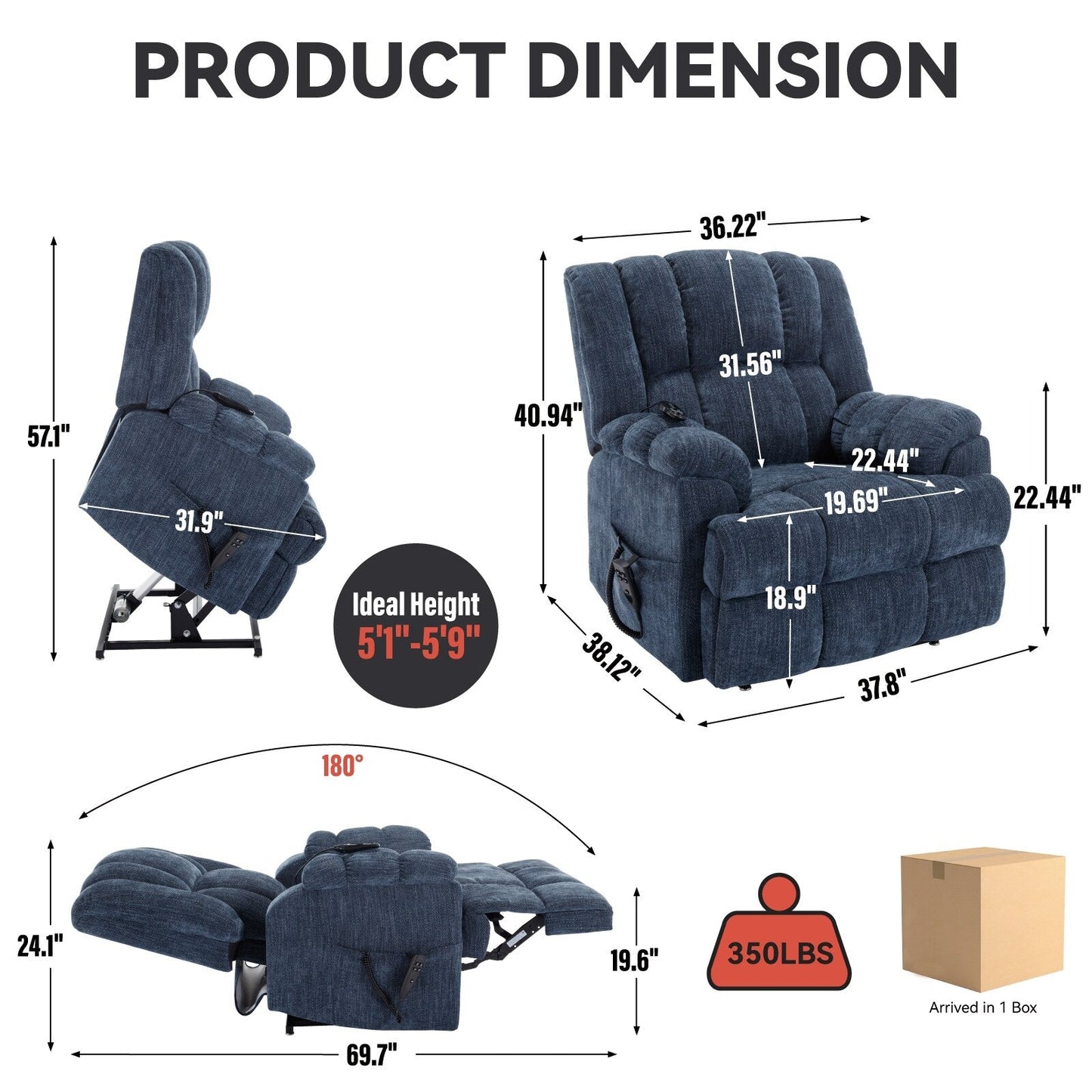 Fauteuil inclinable électrique surdimensionné en chenille avec massage et chauffage lombaire, inclinaison à positions infinies