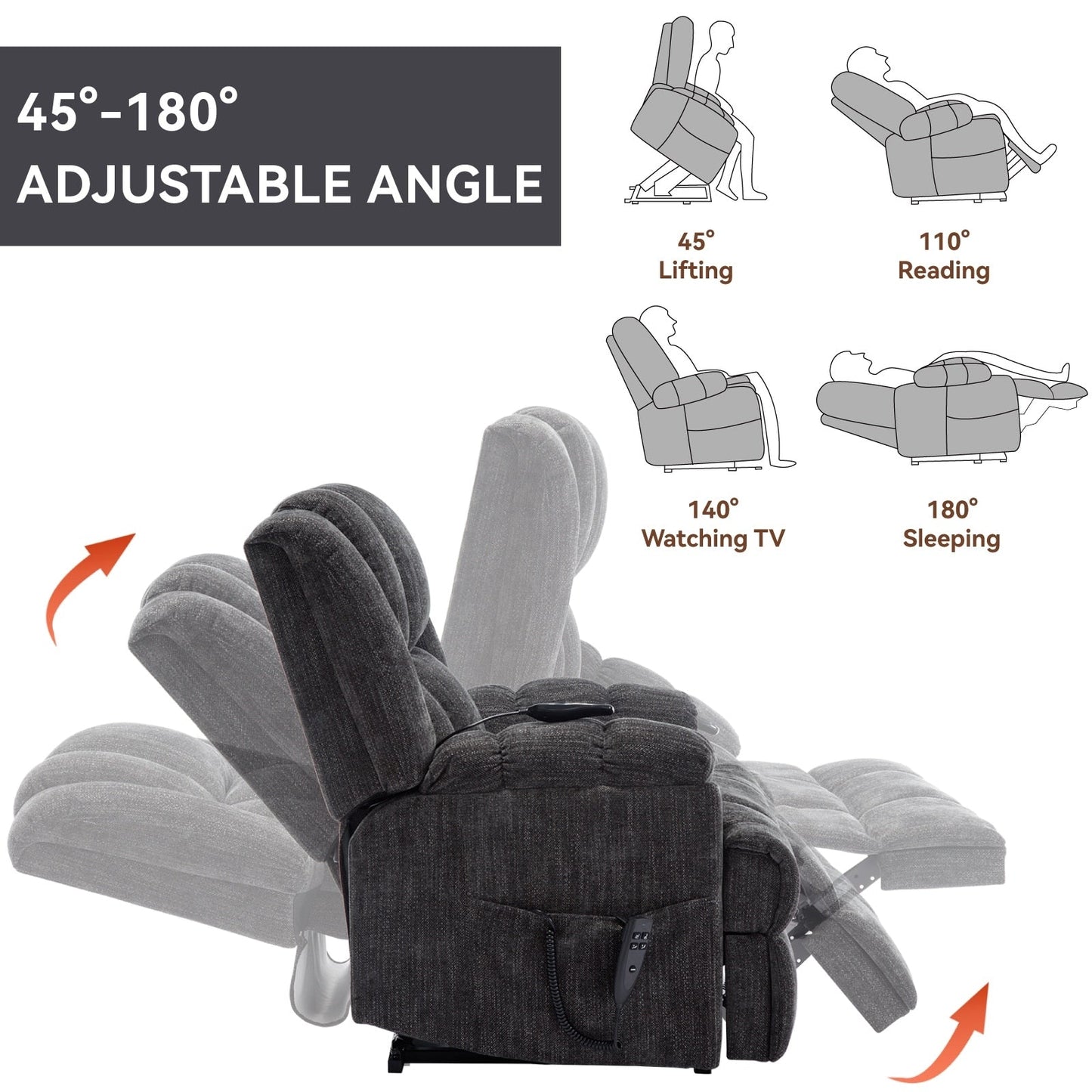 Fauteuil inclinable électrique surdimensionné en chenille avec massage et chauffage lombaire, inclinaison à positions infinies