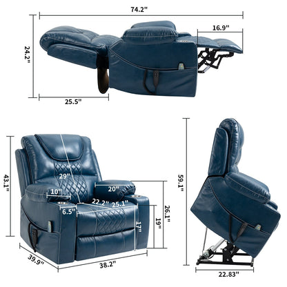 Fauteuil inclinable électrique surdimensionné en cuir PU avec fonction massage, chauffage lombaire, porte-gobelet, inclinaison à 180°