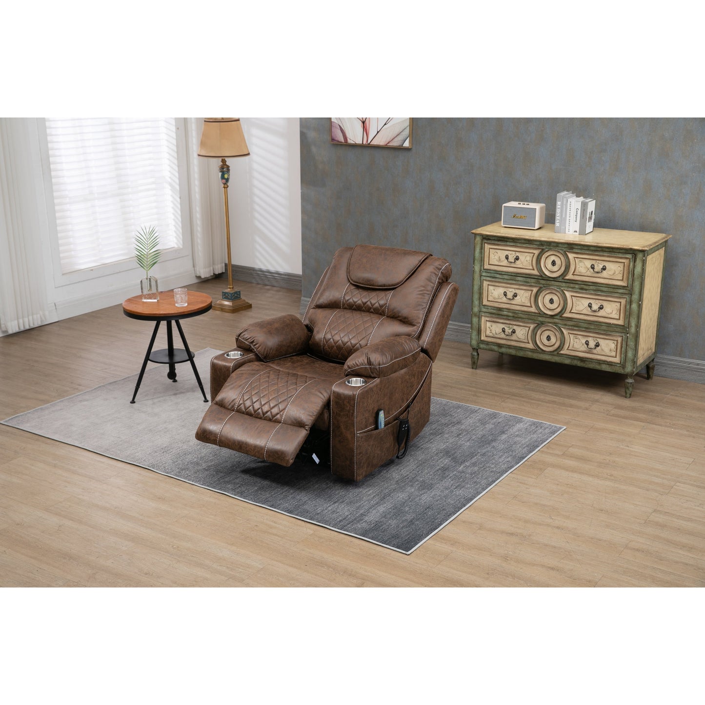 Fauteuil inclinable électrique surdimensionné en cuir PU avec fonction massage, chauffage lombaire, porte-gobelet, inclinaison à 180°
