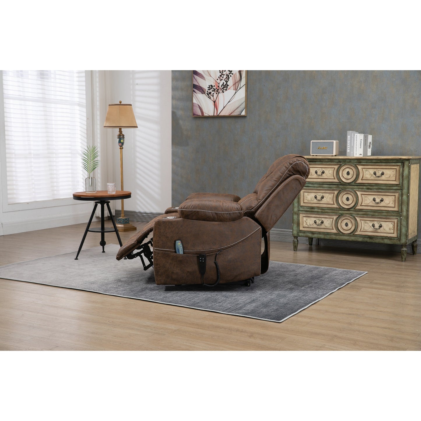 Fauteuil inclinable électrique surdimensionné en cuir PU avec fonction massage, chauffage lombaire, porte-gobelet, inclinaison à 180°
