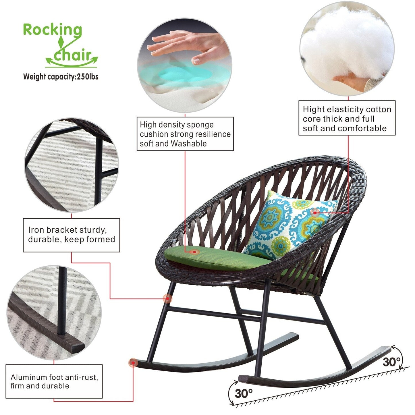 Ensemble bistro de patio OVIOS 3 pièces avec fauteuil à bascule et table basse en verre