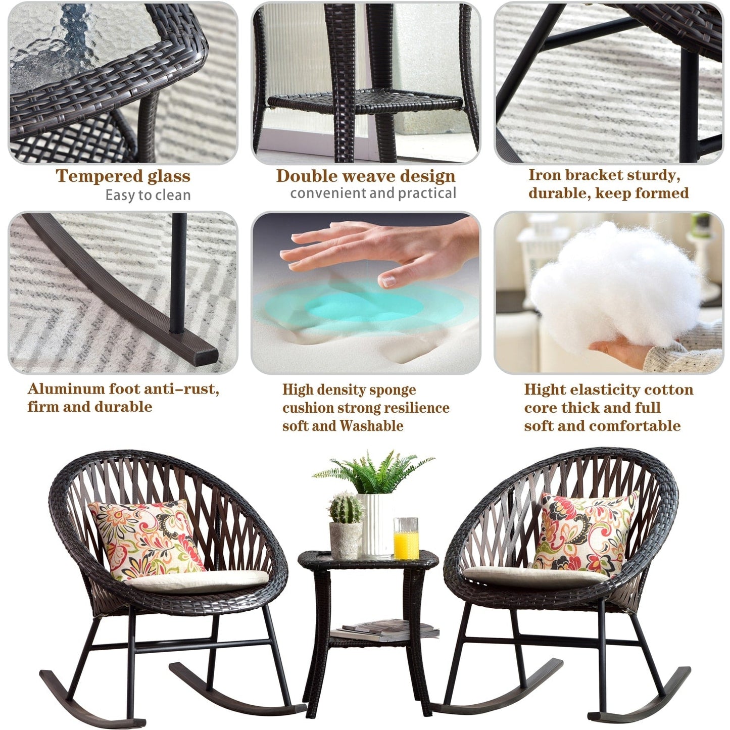 Ensemble bistro de patio OVIOS 3 pièces avec fauteuil à bascule et table basse en verre