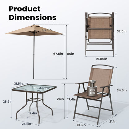 Ensemble de patio Pellabant 6 pièces avec table, parasol et 4 chaises pliantes - 57 cm (L) x 68 cm (P) x 88 cm (H)