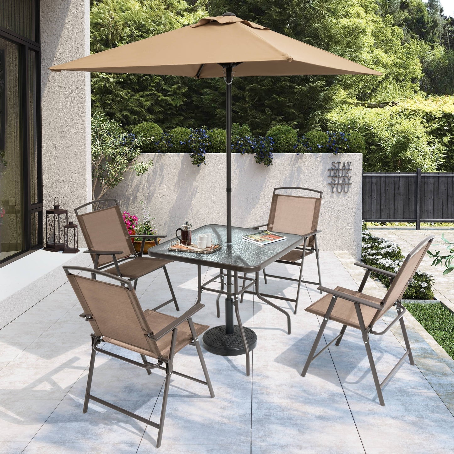 Ensemble de patio Pellabant 6 pièces avec table, parasol et 4 chaises pliantes - 57 cm (L) x 68 cm (P) x 88 cm (H)