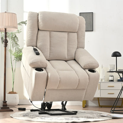 Fauteuil releveur électrique pour personnes âgées, fauteuil releveur en tissu avec repose-pieds extensible, 2 porte-gobelets, poches latérales et télécommande.