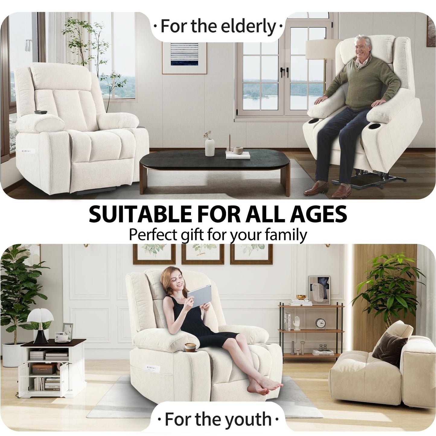 Fauteuil releveur électrique pour personnes âgées, fauteuil releveur en tissu avec repose-pieds extensible, 2 porte-gobelets, poches latérales et télécommande.