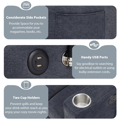 Canapé-lit convertible Roomfitters avec ports USB, poches latérales, porte-gobelets et support pivotant pour téléphone, idéal pour le salon.