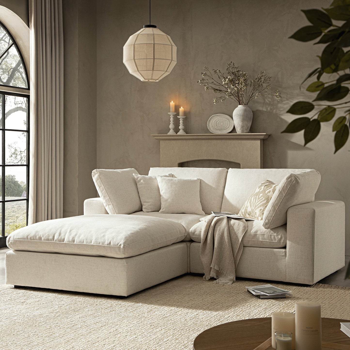 Canapé modulaire Lutyens en mélange de lin beige, méridienne 2 pièces