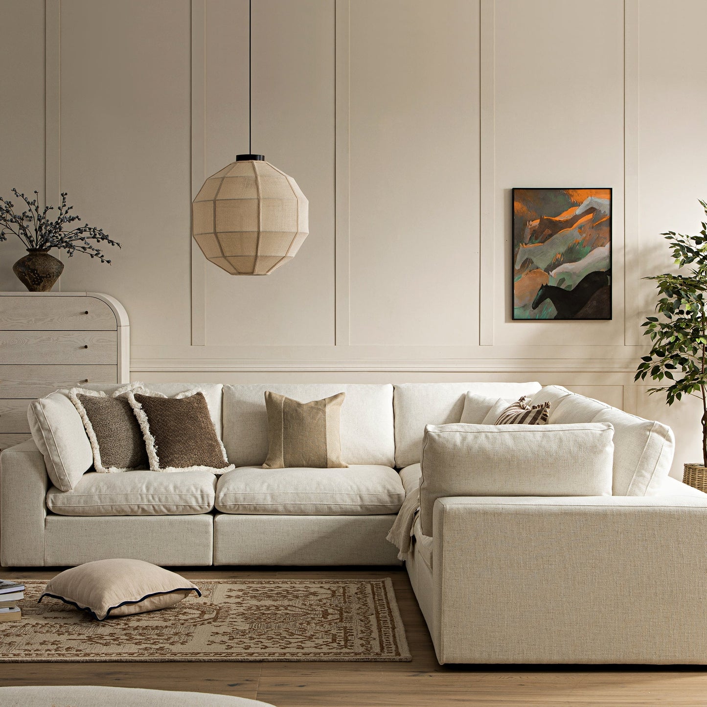 Canapé d'angle modulaire Lutyens en lin mélangé beige, ensemble de 5 pièces